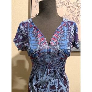 Unity World Wear Butterfly Graphic V-Neck Tunic Top Purple Blue Burnout Womens M